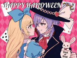  alice_in_wonderland blonde_hair blue_ribbon card fire_emblem fire_emblem:_three_houses green_eyes hair_ribbon halloween halloween_costume hat highres ingrid_brandl_galatea long_hair playing_card purple_hair rabbit ribbon top_hat violet_eyes yuri_leclerc yuurururun 