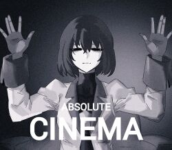  :| absolute_cinema_(meme) closed_mouth couch english_commentary english_text expressionless film_grain gloves greyscale hair_between_eyes hands_up highres jacket lapels long_sleeves looking_at_viewer meme monochrome monogatari_(series) necktie notched_lapels oshino_ougi short_hair sleeve_cuffs split_mouth squinting th_whitespace upper_body 