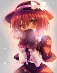  1girl amahira blush bow brown_hair capelet covering_mouth hair_bow hat mittens short_hair skirt snow solo touhou usami_renko 
