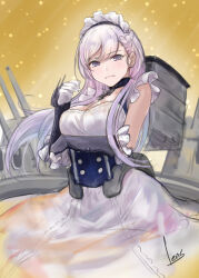  1girl apron arm_under_breasts azur_lane belfast_(azur_lane) black_collar black_corset closed_mouth collar corset gloves grey_eyes grey_hair highres long_hair looking_at_viewer maid maid_headdress renzu_(lens_02) sidelocks solo very_long_hair white_apron white_gloves white_headdress 
