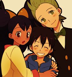  2boys black_hair bowtie brown_eyes child closed_eyes dark_skin dent_(pokemon) eyes_closed green_eyes green_hair grin iris_(pokemon) lowres multiple_boys no_hat no_headwear ochappa open_mouth pokemon pokemon_(anime) pokemon_(game) pokemon_bw purple_hair satoshi_(pokemon) simple_background smile solo vest 