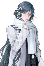  1boy absurdres alternate_costume animal_charm blue_hair charm_(object) chinese_commentary coat code:_kite commentary_request commission contemporary finger_to_mouth frog_charm green_eyes grin hair_between_eyes hair_bun hand_in_pocket hand_up highres index_finger_raised jewelry linbeiyx long_hair long_sleeves looking_at_viewer male_focus monocle open_clothes open_coat painttool_sai_(medium) parted_bangs ring sample_watermark scarf shushing side_up_bun simple_background single_side_bun sleeves_past_wrists smile solo upper_body watermark white_background white_coat white_scarf winter_clothes zhang_miao_(code:_kite) 