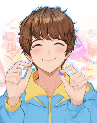 1boy absurdres blue_hoodie blush brown_hair candy chips_(food) closed_eyes closed_mouth commentary_request food gummy_candy highres holding holding_candy holding_food hood hoodie inoue_shouma kamen_rider kamen_rider_gavv_(series) long_sleeves male_focus potato_chips short_hair smile solo tnkudonya two-tone_hoodie upper_body yellow_hoodie 