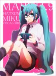  aqua_eyes aqua_hair bespectacled character_name glasses hatsune_miku kneehighs long_hair mohi_(neku_re) mouth_hold necktie playstation_portable sitting skirt solo striped striped_legwear twintails very_long_hair vocaloid 