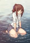  black_legwear brown_eyes brown_hair glasses hair_ribbon looking_at_viewer original partially_submerged payot pleated_skirt ponytail ribbon rokuno seiza sitting skirt sleeves_rolled_up solo water wet wet_clothes 