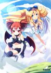  :q angel bat_wings blonde_hair blue_eyes boots bow choker demon_girl demon_wings detached_sleeves disgaea earrings elbow_gloves etna flonne gloves hair_bow highres jewelry kabigon long_hair multiple_girls petals pointy_ears red_eyes red_hair redhead short_hair short_shorts short_twintails shorts slit_pupils smile tongue twintails wings 