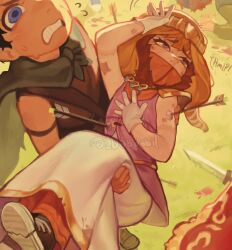  2boys absurdres black_hair blonde_hair blue_eyes cape carrying dabi_bill dress fur-trimmed_hood fur_trim highres hood kenny_mccormick male_focus multiple_boys princess princess_carry south_park south_park:_the_stick_of_truth stan_marsh sweat violet_eyes wig 