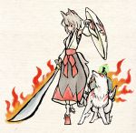  crossover flaming_sword inubashiri_momiji issun kusang0u okami ookami_(game) parody sarashi shield style_parody sword touhou weapon wolf 