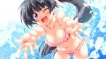  :d artist_request bikini black_hair breasts character_request cleavage flarerouge_liliansol front-tie_top game_cg hands long_hair navel open_mouth outstretched_hand ponytail purple_eyes red_eyes side-tie_bikini smile solo splash splashing swimsuit taiyou_no_promia takeya_masami water wink 