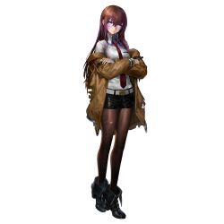  1girl belt belt_buckle black_boots black_pantyhose black_shorts blood boots breast_pocket bright_pupils brown_hair brown_jacket buckle can crossed_arms crossed_bangs full_body girls&#039;_frontline_neural_cloud girls_frontline hair_between_eyes highres holding holding_can jacket long_hair looking_at_viewer makise_kurisu necktie off_shoulder official_art one_eye_closed open_clothes open_jacket open_mouth pantyhose pantyhose_under_shorts pocket purple_blood red_necktie shirt shorts sidelocks simple_background solo standing steins;gate tachi-e torn_clothes transparent_background very_long_hair violet_eyes white_belt white_shirt 