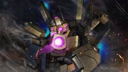  absurdres aiming aiming_at_viewer assault_visor copyright_logo debris dust_cloud energy_beam energy_gun exposed_internal_machinery glowing gundam gundam_battle_operation_2 gundam_unicorn highres jegan jegan_ecoas_type lens_flare machinery mecha mecha_focus mobile_suit no_humans official_art painting_(medium) radio_antenna ray_gun realistic robot scan science_fiction space sunrise_(company) tenjin_hidetaka traditional_media upper_body weapon 