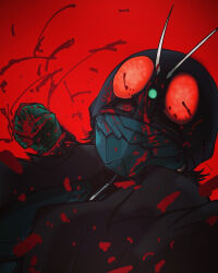  1boy antennae armor black_hair black_jacket blood blood_on_face blood_on_hands blood_splatter bloodshot_eyes commentary_request compound_eyes glowing glowing_eyes helmet incoming_attack incoming_punch jacket kamen_rider kamen_rider_1 kamen_rider_1_(shin) looking_at_viewer male_focus one_eye_covered punching red_background red_eyes shin_kamen_rider solo toda_atsu2003 tokusatsu 