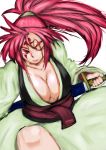  baiken breasts cleavage facial_tattoo guilty_gear japanese_clothes katana kimono large_breasts long_hair obi one-eyed pink_hair red_eyes scabbard scar sheath solo sword tattoo unsheathing weapon yigai 