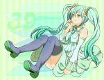  boots bow detached_sleeves dress green_eyes green_hair hair_bow hatsune_miku jako long_hair mikupa necktie sitting skirt solo thigh-highs thigh_boots thighhighs twintails vocaloid 