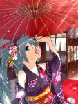  bare_shoulders dango detached_sleeves eating food hatsune_miku highres japanese_clothes kimono long_hair open_mouth oriental_umbrella solo teralimit twintails umbrella vocaloid wagashi 