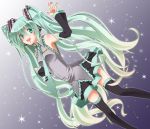  b-cat bare_shoulders detached_sleeves green_eyes green_hair hatsune_miku headset long_hair necktie open_mouth skirt solo thigh-highs thighhighs twintails very_long_hair vocaloid 