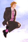  blonde_hair closed_eyes eyes_closed formal jumping keith_goodman male mamemo_(daifuku_mame) necktie short_hair sky solo suit tiger_&amp;_bunny 