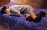  bed black_legwear brown_hair lying misawa_hiroshi no_shoes oil_painting_(medium) on_bed on_side original photorealistic realistic short_hair solo sweater sweater_dress thigh-highs thighhighs traditional_media zettai_ryouiki 