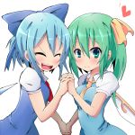  ascot blue_hair bow cirno closed_eyes daiyousei eyes_closed fang green_eyes green_hair hair_bow hair_ribbon hand_holding heart holding_hands interlocked_fingers kuromu_(underporno) multiple_girls open_mouth ribbon short_hair side_ponytail touhou wings 