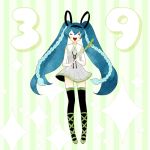  39 aqua_hair closed_eyes dress eyes_closed hatsune_miku long_hair mikupa open_mouth solo striped striped_background tetto thigh-highs thighhighs twintails very_long_hair vocaloid 