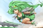  bike_shorts collarbone cure_march dress green_dress green_eyes green_hair harihisa highres long_hair magical_girl midorikawa_nao ponytail precure running shinkansen shoes shorts_under_skirt skirt smile_precure! solo train tri_tails wrist_cuffs 