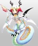  black_wings breasts cleavage dragon dragon_girl gradient gradient_background horns jewelry messier_number midriff monster_girl multicolored_hair navel necklace original personification red_hair redhead solo tail white_wings wings yellow_eyes 
