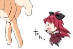  1girl bow chasing chibi dress fang fingers hair_bow k_hiro long_hair magical_girl mahou_shoujo_madoka_magica mini-ikamusume minigirl open_mouth pantyhose parody red_hair redhead running sakura_kyouko shinryaku!_ikamusume smile 