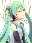  cable closed_eyes detached_sleeves eyes_closed green_hair hatsune_miku headphones long_hair necktie reki_(arequa) simple_background solo twintails vocaloid white_background 