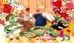  bespectacled bunny flower glasses green_eyes green_hair hat hatsune_miku long_hair lying ogakko_(oga_rhythm) on_back rabbit solo stuffed_animal stuffed_toy twintails very_long_hair vocaloid watch 