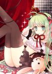  breasts bunny cleavage crown fingerless_gloves gloves green_eyes green_hair hatsune_miku headset ishikawa_sae long_hair midriff panties pantyshot rabbit skirt solo striped striped_panties stuffed_animal stuffed_toy thigh-highs thighhighs twintails underwear very_long_hair vocaloid 