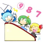  &#9320; 3girls ? barefoot blonde_hair blue_hair bow chibi cirno closed_eyes daiyousei dress escalator eyes_closed fang gomi_ichigo green_eyes green_hair hair_bow highres multiple_girls open_mouth outstretched_arms rumia smile spread_arms the_embodiment_of_scarlet_devil touhou wings youkai ã§â«â­ã¯â½â¨ â‘¨ 