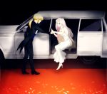  ahoge blonde_hair coattails dress fate/zero fate_(series) formal hair_ribbon high_heels irisviel_von_einzbern jacket_on_shoulders kituonna limousine long_hair multiple_girls pant_suit ponytail red_eyes ribbon saber shoes suit white_hair 