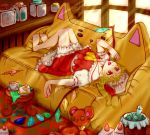  ascot barefoot blonde_hair cake checkered checkered_floor cherry couch cup flandre_scarlet food fruit hat lying muumin_(kissling) nail_polish on_back red_eyes short_hair side_ponytail solo stuffed_animal stuffed_toy sunlight toenail_polish touhou wings 
