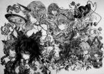  flower graphite_(medium) hair_over_one_eye highres horn hoshiguma_yuugi kaenbyou_rin kisume komeiji_koishi komeiji_satori kurodani_yamame mizuhashi_parsee monochrome neko_(yanshoujie) reiuji_utsuho rose sakazuki skull subterranean_animism touhou traditional_media wink 