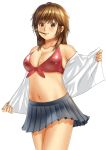  amagami bikini_top breasts brown_eyes brown_hair cleavage front-tie_top highres large_breasts mouth_hold navel paintedmike pleated_skirt pocky sakurai_rihoko skirt smile solo sparkle undressing 
