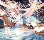  cherry_blossoms cleavage cleavege flower hair_flower hair_ornament hairclip hat hitodama japanese_clothes lying on_stomach open_mouth petals pink_eyes pink_hair saigyouji_yuyuko short_hair smile touhou tree triangular_headpiece utaori water 
