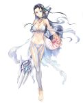  barefoot bikini breasts cleavage copyright_request front-tie_top highres jewelry large_breasts legs long_legs nautilus_(animal) navel pointy_ears polearm shell smile swimsuit thigh_gap thighs toeless_legwear weapon zeco 