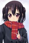  black_hair coat k-on! long_hair nakano_azusa red_eyes scarf snow tamaran twintails v 