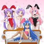  ahoge animal_ears bad_id bare_shoulders blue_hair blush bow breasts bunny_ears bunny_tail bunnysuit cleavage detached_collar fishnet_pantyhose fishnets flat_chest high_heels hiiragi_kagami hiiragi_tsukasa izumi_konata large_breasts long_hair lucky_star mizushima_(p201112) mole multiple_girls pantyhose purple_hair short_hair smile tail takara_miyuki twintails v wrist_cuffs 