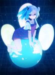  1girl barefoot blue_hair character_request globe hair_ornament messier_number no_legwear original red_eyes sitting smile solo star straddle tenshi_no_utsuwa twintails vessel_of_an_angel 