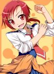  arm_grab blush hair_ornament hairclip hino_akane jacket kumadano open_mouth ponytail precure red_eyes red_hair redhead short_hair skirt sleeves_rolled_up smile smile_precure! solo sweater_around_waist tied_jacket 