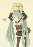  :q armpits arms_up bare_shoulders belt collar detached_sleeves gift green_eyes green_hair hatsune_miku heart holding long_hair mmm72 navel object_on_head simple_background skirt solo thigh-highs thighhighs tongue twintails very_long_hair vocaloid 