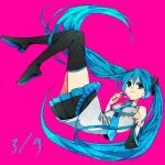  aqua_eyes aqua_hair detached_sleeves hatsune_miku headphones headset long_hair mikupa necktie sako_(missyon) simple_background skirt smile solo thigh-highs thighhighs twintails very_long_hair vocaloid zettai_ryouiki 