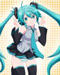  ahoge aqua_eyes aqua_hair detached_sleeves double_v grin hatsune_miku long_hair necktie orebelt panties skirt smile solo striped striped_panties thigh-highs thighhighs twintails underwear v very_long_hair vocaloid 
