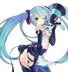  1girl aqua_eyes aqua_hair breasts bridal_gauntlets center_opening hatsune_miku hatsune_miku_(append) highres long_hair megaphone miku_append necktie simple_background smile solo thighhighs torisan twintails very_long_hair vocaloid vocaloid_(tda-type_ver) vocaloid_append white_background wink 