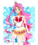  adult alternate_hairstyle aqua_background bad_id bishoujo_senshi_sailor_moon bow brooch chibi_usa choker curly_hair gloves hair_bun hair_half_undone hair_ornament hairpin heart hifumi_(balance) highres jewelry long_hair payot pink_hair pleated_skirt red_eyes ribbon sailor_chibi_moon sailor_collar skirt smile super_sailor_chibi_moon tiara white_gloves 