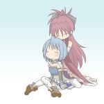  blue_hair chibi closed_eyes eyes_closed hair_ribbon long_hair mahou_shoujo_madoka_magica miki_sayaka mizushima_(p201112) multiple_girls red_hair redhead ribbon sakura_kyouko sf-a2_miki short_hair sitting smile tears witting 