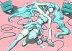  aqua_eyes aqua_hair arm_up bad_id bare_shoulders bracelet cd cd_case character_name dress hatsune_miku headphones jewelry long_hair lying microphone necklace solo speaker strapless_dress thigh-highs thighhighs twintails very_long_hair vocaloid youka_(yoka_ya) 