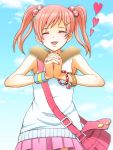  bag blush bracelet closed_eyes eyes_closed fur hair_ornament hairclip hands_clasped happy heart jewelry matsu_(momogesan) nail_polish open_mouth original red_hair redhead short_twintails shoulder_bag sky solo twintails 