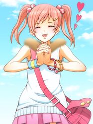  bag blush bracelet closed_eyes eyes_closed fur hair_ornament hairclip hands_clasped happy heart jewelry matsu_(momogesan) nail_polish open_mouth original red_hair redhead short_twintails shoulder_bag sky solo twintails 